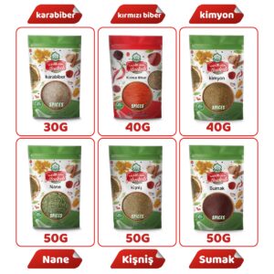 6’lı Avantajlı Gurme Baharat Seti Karabiber30, Pul Biber40, Kimyon40, Nane50, Kişniş50, Sumak50 gr