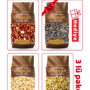 Kabak, Sarı Karpuz Çekirdeği ve Soslu Yer Fıstığı 3’lü Kuruyemiş Set + 500g Ayçekirdeği Hediye
