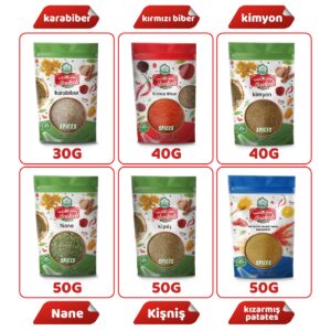 6’lı Avantajlı Gurme Baharat Seti Karabiber30, Pul Biber40, Kimyon40, Nane50, Kişniş50, Sumak50 gr